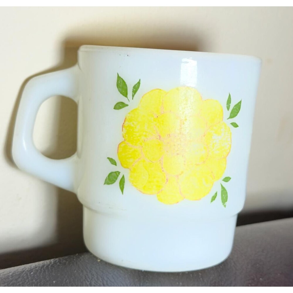 Fire King Yellow Pink Poppy Flower Milk Glass Coffee Mug 1960s Retro